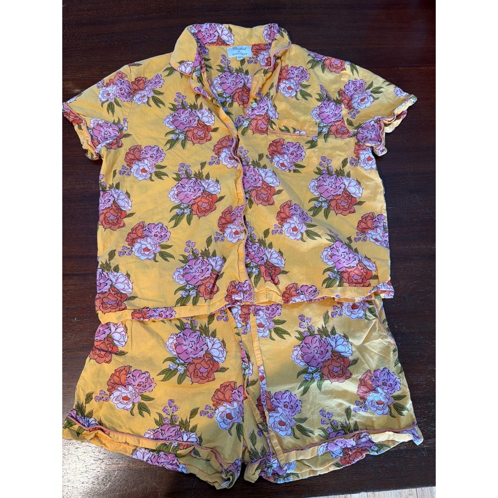 Crafted by Mahogany Yellow Floral Cotton Pajama Set Short Sleeve Shorts Medium
